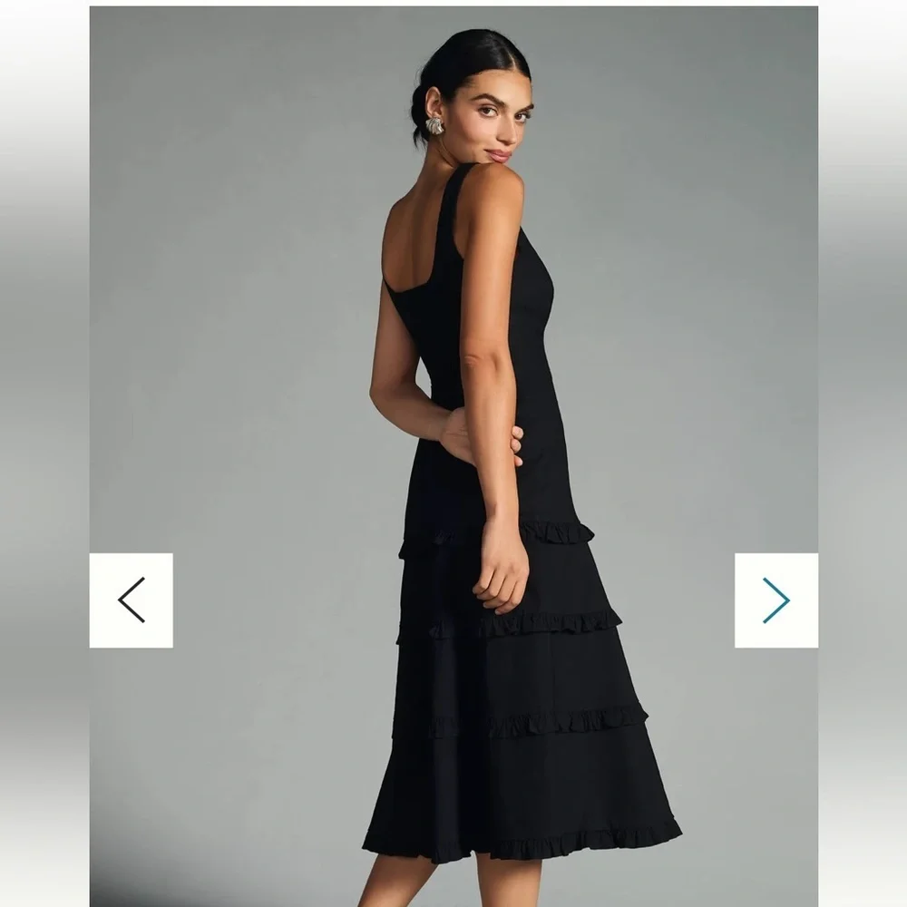 Anthropologie Linen Blend The Blythe Square Neck Tiered Dress Black Small NWT - Picture 2 of 12